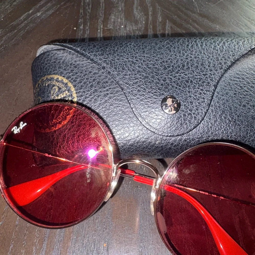 Ray-Ban Women’s Round Red Lens Sunglasses with Gold Frame